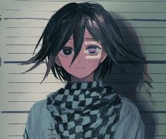 an anime character with black hair wearing a scarf in front of a jail cell wall