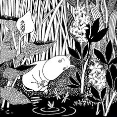 a black and white drawing of a fish in the water surrounded by reeds, plants and flowers