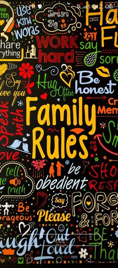 a black framed poster with the words family rules written in different languages and colors on it