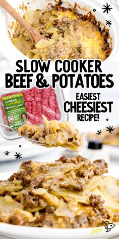 the recipe for slow cooker beef and potato casserole is shown in three different images