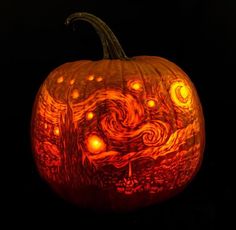 a pumpkin carved to look like the starry night