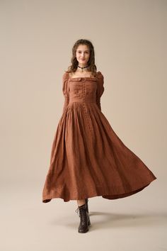 There's always effortless elegance in this long sleeve linen dress!  This dress features a victorian era-inspired flared silhouette for a laid-back feel. Cute pleating with lace-up sleeves adds just the right amount of glamour without being too over the top. The perfect party dress! Such a romantic, feminine feel. impress yourself with this outfit and you are sure to stand out. 【Fabric】                                                                                                      100% Line Fitted Linen Cottagecore Dress, Fitted Cottagecore Linen Dress, Fall Dresses With Historical Design, Fitted Spring Dress In Dark Academia Style, Fitted Dark Academia Dresses For Spring, Dark Academia Fitted Dresses For Spring, Long Sleeve Cotton Dresses With Historical Design, Long Sleeve Cotton Dress With Historical Design, Cotton Long Sleeve Dresses With Historical Design