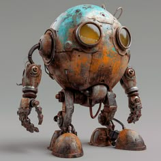 an old, rusty robot is standing upright