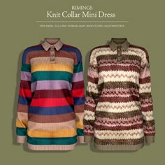 two knitted sweaters with buttons on the front and back, one in multicolored stripes