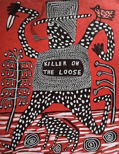 a red painting with black and white designs on it's face, the words killer on