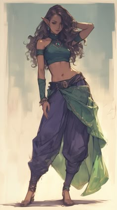 a drawing of a woman in a green top and purple pants with her hands on her hips