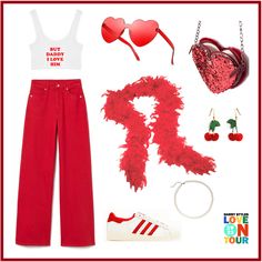 a woman's outfit with red feathers, white tank top and high waist pants