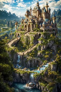 an artistic painting of a castle on top of a mountain with a river running through it