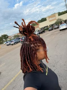 loc styles for women, locs, black girl, hairstyles, ginger hair, ginger locs Ginger Locs Hairstyles, Dreads Girl Hairstyles, Gold Locs Black Women, Dread Hairstyles For Black Women, Dyed Locs Dark Skin, Girl Locs Hairstyles, 4c Locs 4c Hair, Side Part Locs, Colored Dreads Black Women