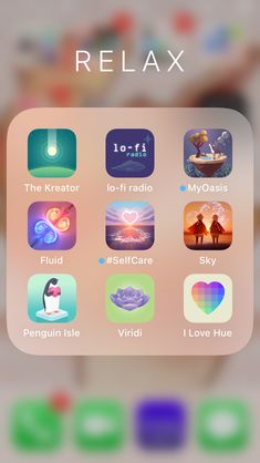 an iphone screen with the text relax on it and several different icons in front of it