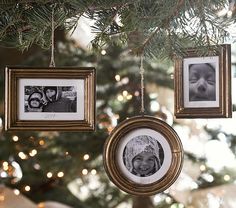 three pictures hanging from a christmas tree with lights in the background