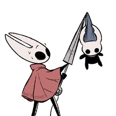 a cartoon character holding a knife with a skull on it's head and wearing a red