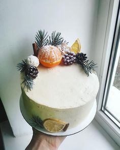 a person holding up a cake with oranges and pine cones on it, in front of a window