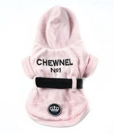 a pink dog hoodie with the name chewwell n1 on it's chest