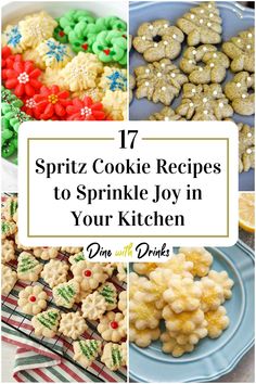 Collage of 4 spritz cookie recipes. Spritz Cookies Made With Jello, Snickerdoodle Spritz Cookies, Spritz Sandwich Cookies, Sprits Christmas Cookies, Spritz Cookies Flavors, Sour Cream Spritz Cookies, Old Fashioned Spritz Cookies, Christmas Cookies Spritz, Peanut Butter Spritz Cookies