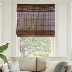 a living room with a couch, chair and window covered in bamboo blind shades on the windowsill