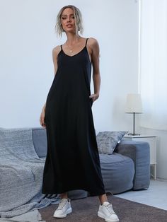 Black Casual  Sleeveless Polyester Plain Cami  Slight Stretch Spring/Summer Women Dresses Loose Black Slip Dress, Dresses Tight Top Loose Bottom, Cheap Casual Midi Length Slip Dress, Affordable Black Sleeveless Sundress, Black Maxi Dress Casual Fall, Cheap Black Fitted Sleeveless Dress, Affordable Sleeveless Slip Dress, Casual Black Slip Dress Affordable, Affordable Black Sleeveless Maxi Dress