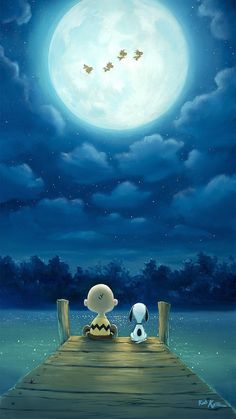 a painting of two people sitting on a dock with a dog and cat looking at the moon