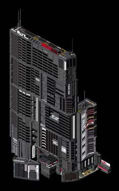 an architectural model of a building made out of black plastic and red lettering on the side