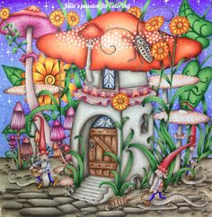 an illustration of a mushroom house with flowers and mushrooms