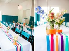 there are many tables with flowers in vases on them and the table is set up for an event