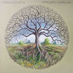 a painting of a tree in the middle of a field