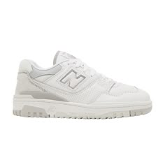 Find NEW BALANCE Wmns 550 ' Rain Cloud on Editorialist. The New Balance Women’s 550 ‘White Rain Cloud’ pairs classic ‘80s basketball style with a pristine palette. White leather is utilized on the upper, equipped with a microperforated midfoot overlay and padded mesh around the collar. Light grey accents make their way to the breathable nylon tongue and a suede heel overlay marked with a Flying NB insignia. The low-top rests on a durable rubber cupsole, featuring stitched sidewall construction and an EVA wedge for lightweight cushioning. Nike Blazer Outfit, Basket New Balance, New Balance 550 White, Shoes For School, Basic Shoes, Dr Shoes, Trendy Shoes Sneakers, Pretty Shoes Sneakers, Rain Cloud