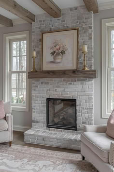 40 Cozy Gray Brick Fireplace Designs for an Elegant Upgrade Grey And White Fireplace Brick, Graywash Brick Fireplace, Brick Fireplace Makeover With Built Ins, Light White Wash Brick Fireplace, White Wash Red Brick Fireplace, White And Grey Fireplace, Fireplace Paint Ideas, Light Brick Fireplace, White Fireplace Brick