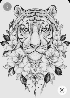 a drawing of a tiger with flowers on it's chest and the head of a tiger