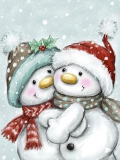 two snowmen hugging each other in the snow