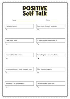 Boost your mindset with these printable worksheets! 💫 Let optimism guide you towards a brighter future. #positivevibes #mindsetmatters #selfgrowth #positivethinkingworksheets Self Development Activities, Free Printable Therapy Worksheets For Adults, Therapy Talking Points, Self Concept Worksheets, Positivity Worksheets, Positive Worksheets, Positive Self Talk Worksheet, Positive Self Talk Activities, Self Talk Worksheet