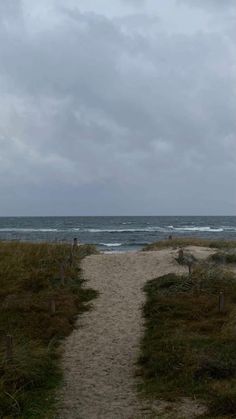 a path leading to the ocean on a cloudy day with no one in it yet