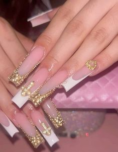 Diamonds On Nails, Nail Ideas Gold, Birthday 28, Gold Acrylic Nails, Luminous Nails, Long Acrylic Nail Designs, Basic Nails