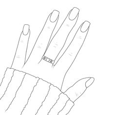 a woman's hand with long nails and a ring on her finger, drawn in black and white