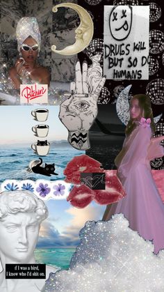 the collage has many different images and words on it, including an image of a woman in a pink dress