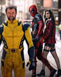 deadpool and the x - men cosplay are walking down the street together