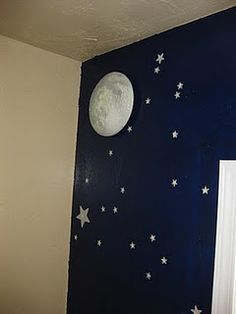 a room with blue walls and white stars on the wall