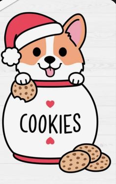 a dog in a santa hat is holding a cookie jar with the word cookies on it