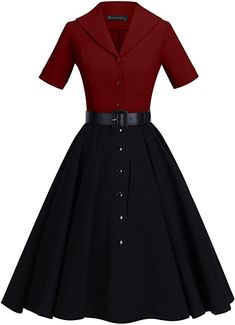 Amazon.com: GownTown Women Splicing Swing Dress Party Picnic Cocktail Dress,Dark Red&black,Large : Clothing, Shoes & Jewelry Cocktail Christmas Party, Netherlands Fashion, Short Midi Dress, 1950 Women, 50s Fashion Dresses, Light Blue Dresses, 50s Style, Cocktail Party Dresses, Womens Cocktail Dresses