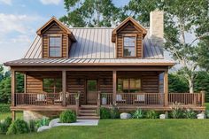 a small log home with porches and wrap around decking on the front lawn