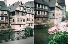 two pictures with flowers in the foreground and an old building on the right