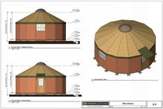 the plans for a yurt are shown in three different views, including measurements and details