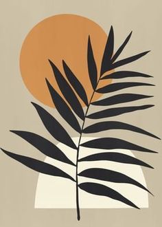 an orange and black palm leaf in front of a beige background with the sun behind it