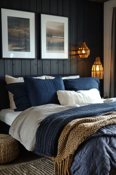 male bedroom, young man's bedroom, black bedroom, dark bedroom decor Navy Blue Attic Bedroom, Blue Black And Beige Bedroom, Navy Inspired Bedroom, Dark Costal Bedroom, Tiny Bedroom Ideas For Men, Cozy Bedroom Decor Ideas, Florida Bedroom, Bedroom Ideas Cozy, Male Bedroom Ideas