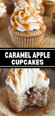 caramel apple cupcakes with whipped cream on top