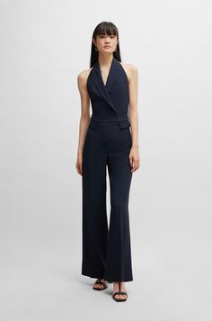 Elegant Spring Jumpsuits And Rompers With Back Opening, Elegant Halter Neck Jumpsuit For Work, Elegant Formal Strapless Jumpsuit, Elegant Structured Pantsuit For Party, Formal Halter Neck Jumpsuits And Rompers For Summer, Summer Formal Strapless Halter Neck Jumpsuit, Formal Halter Neck Jumpsuit For Summer, Formal Strapless Halter Neck Jumpsuit For Summer, Elegant Strapless Halter Neck Jumpsuit For Spring