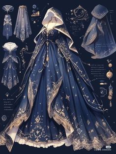 a blue dress with gold details and stars on the skirt is shown in this illustration