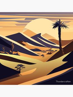 a desert scene with palm trees and mountains in the background