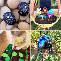 four different pictures with plants and rocks in the middle one has an insect sculpture on it