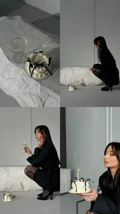 a woman sitting on the floor with a cake in front of her